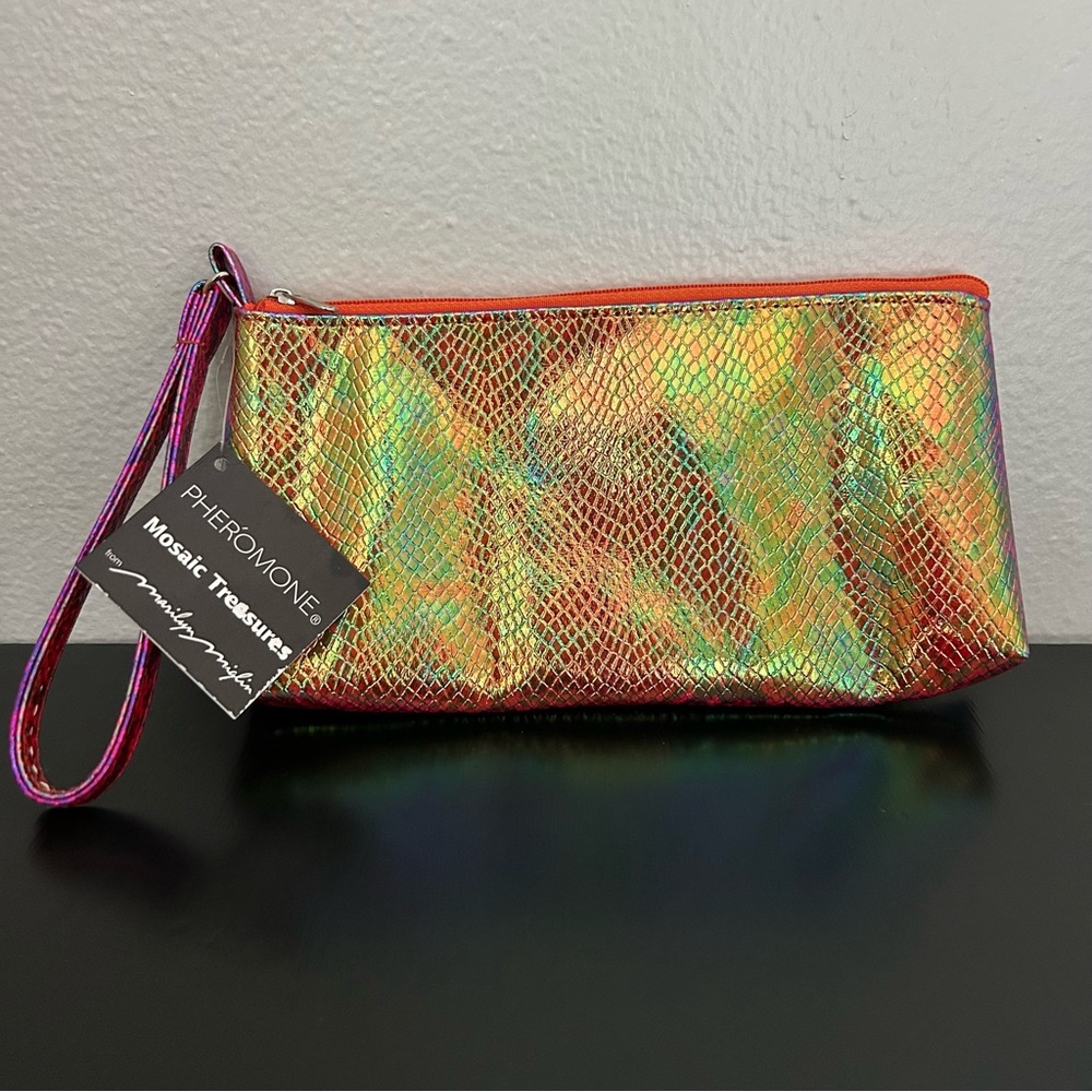 Y2K Iridescent Orange Pink Snakeskin Wristlet Clutch Cosmetic Bag NWT Pheromone